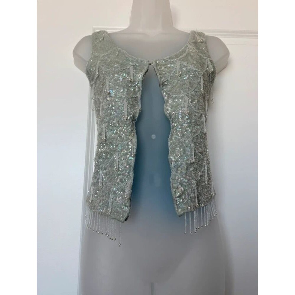 60s/70s 100% Wool hand beaded knit vest vintage art deco - Picture 2 of 6